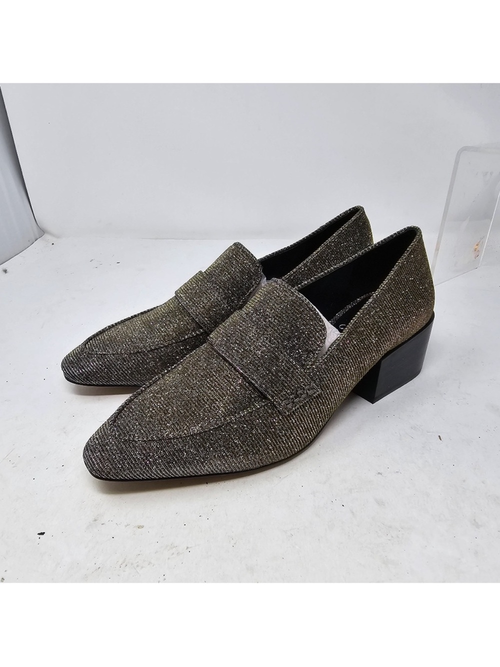 Vince Camuto Womens 7.5 but fits 7. Adealia Block Heel Loafers Pewter Metallic.
